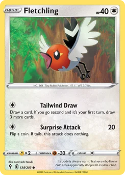 Fletchling Pokemon card from Evolving Skies, card number 138