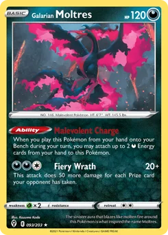 Galarian Moltres Pokemon card from Evolving Skies, card number 93