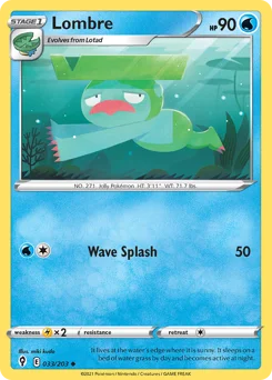 Lombre Pokemon card from Evolving Skies, card number 33