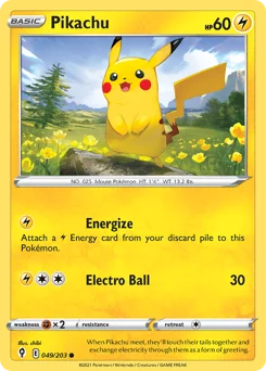 Pikachu Pokemon card from Evolving Skies, card number 49