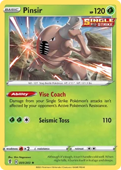 Pinsir Pokemon card from Evolving Skies, card number 1