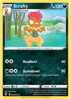 Scrafty Pokemon card from Evolving Skies, card number 99