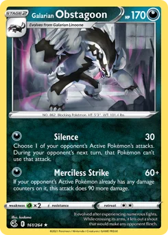 Galarian Obstagoon Pokemon card from Fusion Strike, card number 161