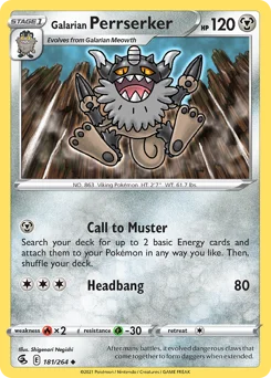 Galarian Perrserker Pokemon card from Fusion Strike, card number 181
