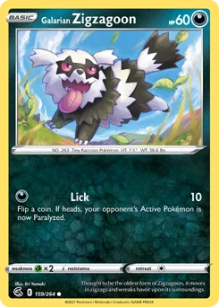 Galarian Zigzagoon Pokemon card from Fusion Strike, card number 159