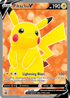Pikachu V Pokemon card from Brilliant Stars, card number 157