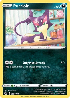 Purrloin Pokemon card from Brilliant Stars, card number 90