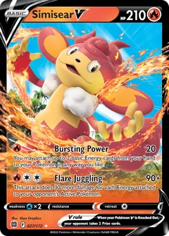 Simisear V Pokemon card from Brilliant Stars, card number 27
